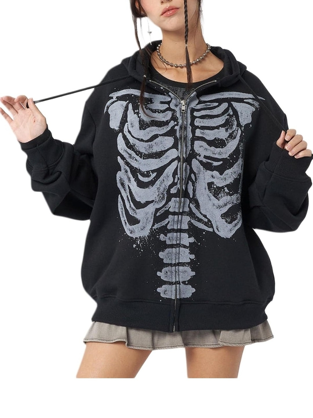 Black Zip-Up Hoodie with Gray Skeleton Print